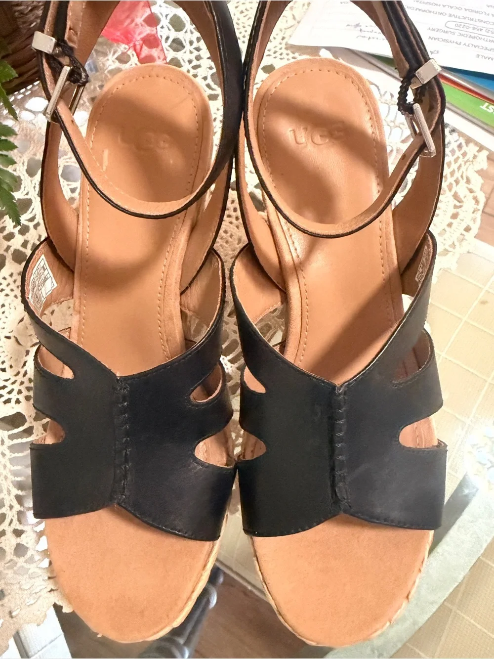 UGG Black Leather Braided Espadrille Wedges
